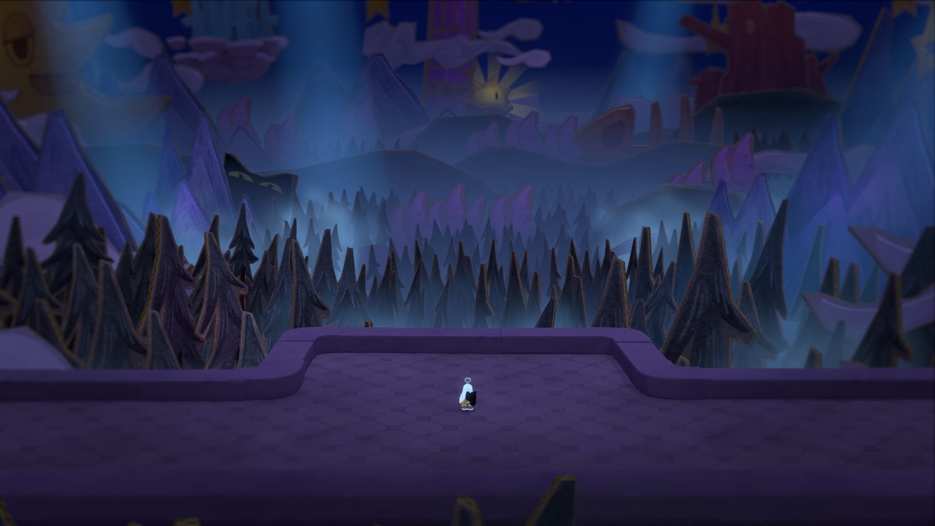Waltz and Jam stand on a wide, purple platform, their backs to the camera, looking out over the eerie top of a pine forest.