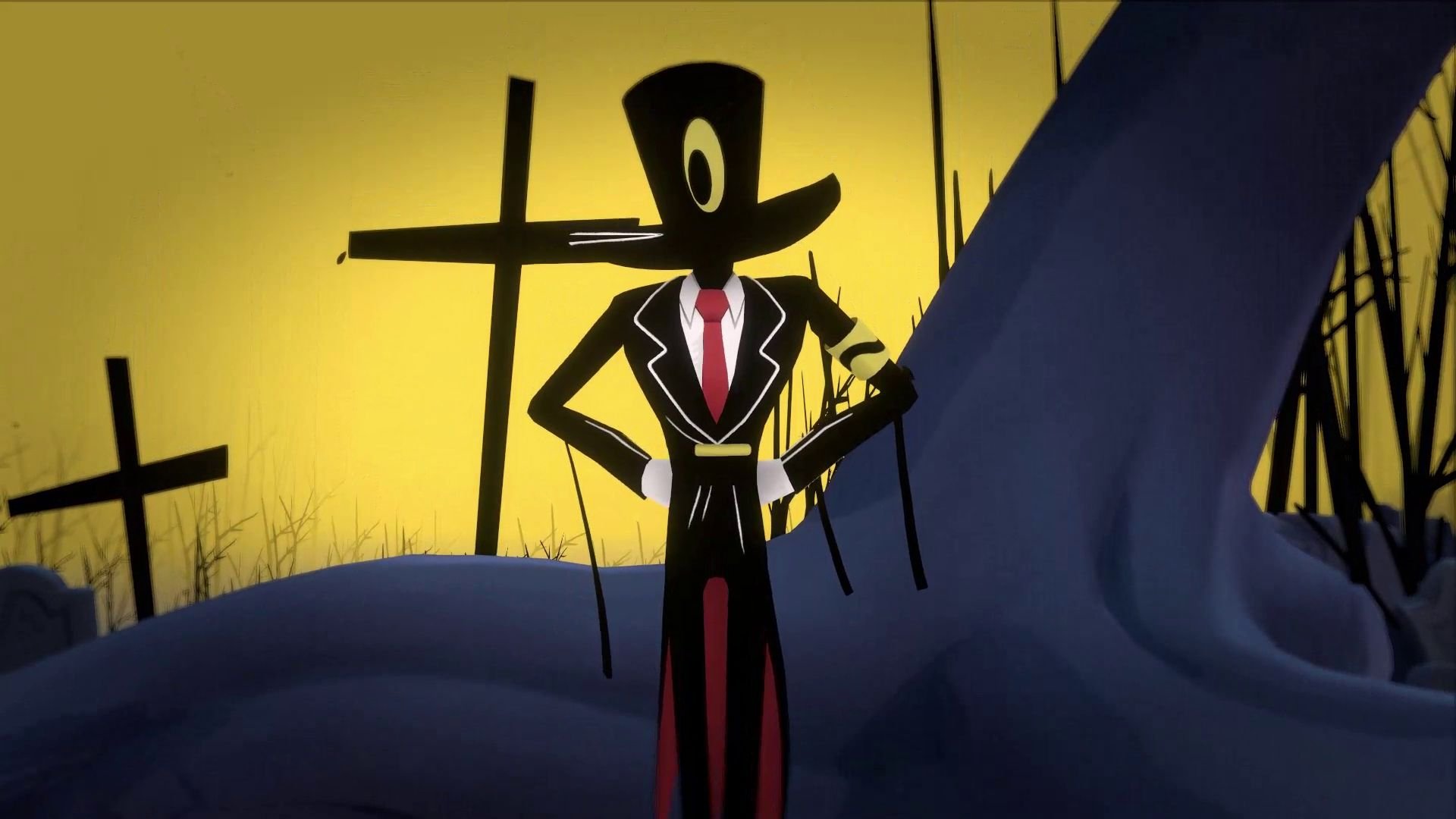 A mysterious figure in a black suit with a tophat for a head (with one eye on the hat) stands against a yellow backdrop with his hands on his hips.