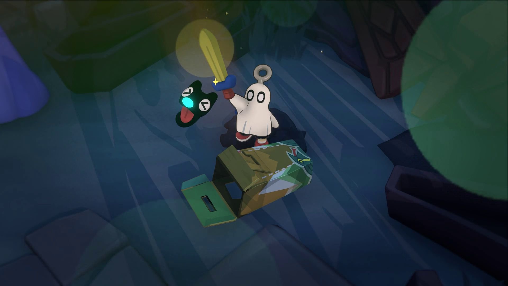 Waltz holds a sword over his head, brandishing it as a weapon, though it looks like a foam sword.