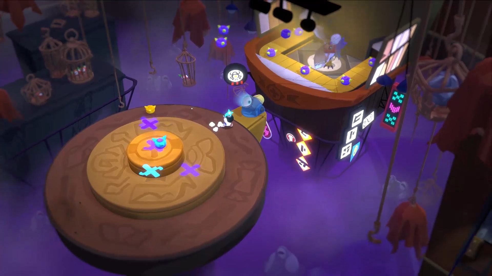 Waltz and Jam advance along a circular platform and come to a stop just ahead of an apparent cannon.