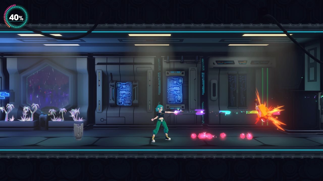 The hero fires bullets in a corridor.