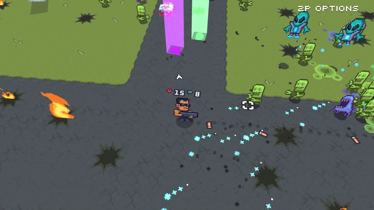 At an intersection, the hero blasts aliens swarming from all directions.