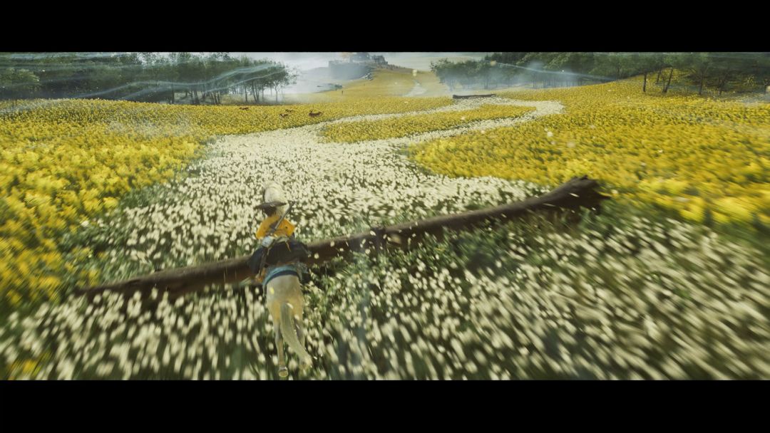 Atsu rides her horse through a field of flowers, following the white flowers and jumping over a fallen log as she proceeds to her childhood home.