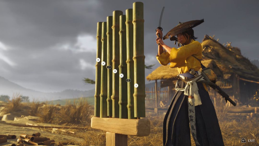 Atsu stands facing a series of bamboo stalks, holding her sword ready. Icons corresponding to buttons on the controller label each stalk.