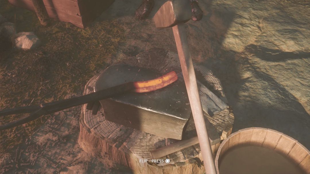 A misshapen piece of hot metal lies across an anvil for inspection, with a prompt indicating the metal needs to be flipped.