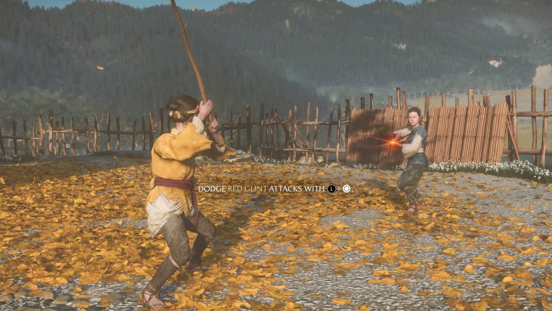 Jubei and her brother face off beneath a large tree, as Jubei prepares to launch a red glint attack his sister can't dodge.