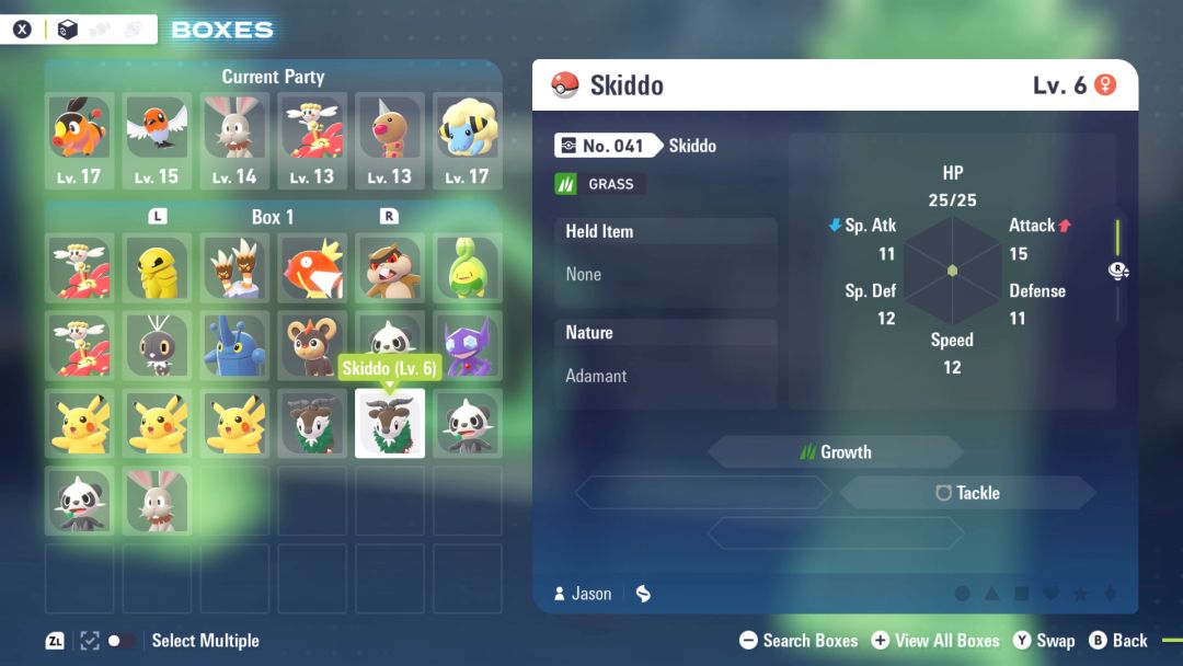 On a menu screen, a Skiddo is highlighted so it can be be added to the trainer's current team.