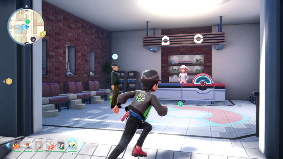 The Pokemon Trainer sprints into the Vernal Pokemon Center, where a woman stands behind the counter and a gentleman in a sweater stands off to the left.