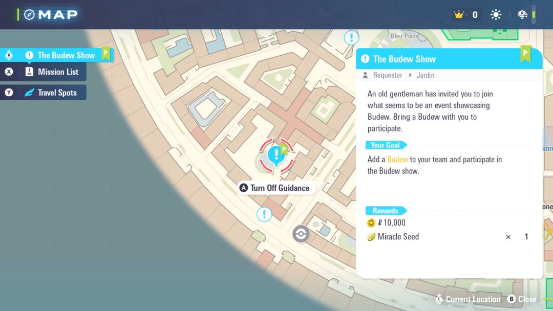 A map showing the location of the Budew show event, within a courtyard in Bleu Sector 8.