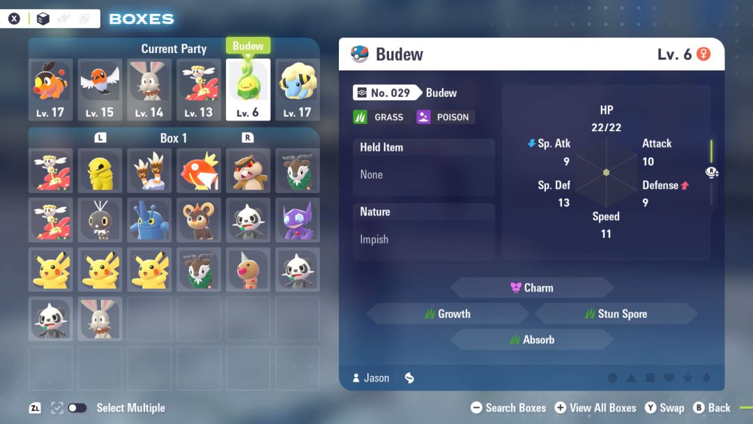 An inventory screen shows the current lineup of Pokemon, including a Budew.