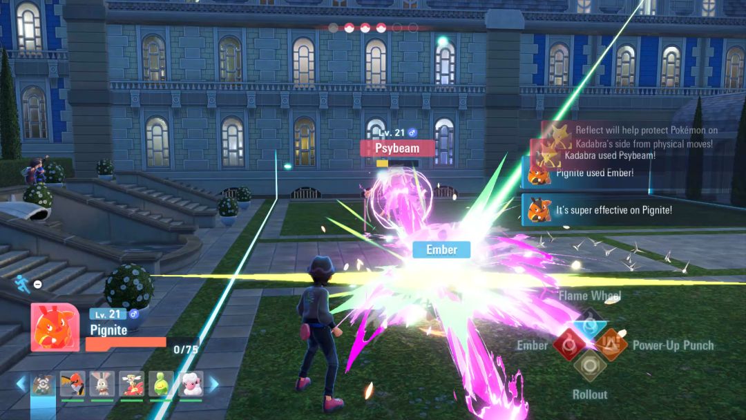 During the evening battle with Xavi, Kadabra unleashes a lethal Psybeam attack on Pignite that is super effective.