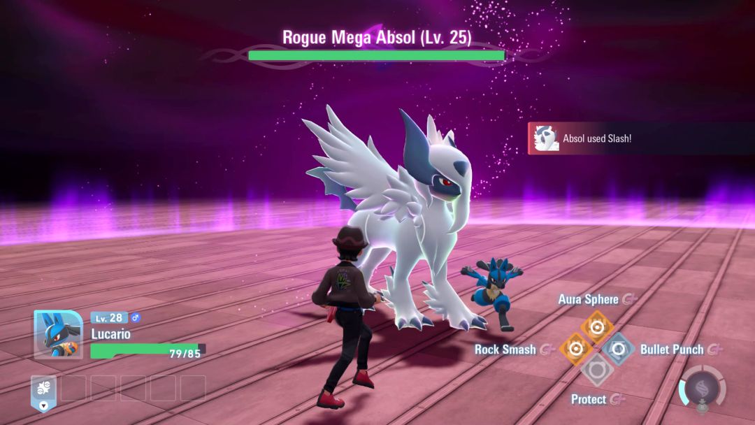 The Pokemon Trainer and Lucario begin a battle against the Rogue Mega Absol, which resembles a white lion.