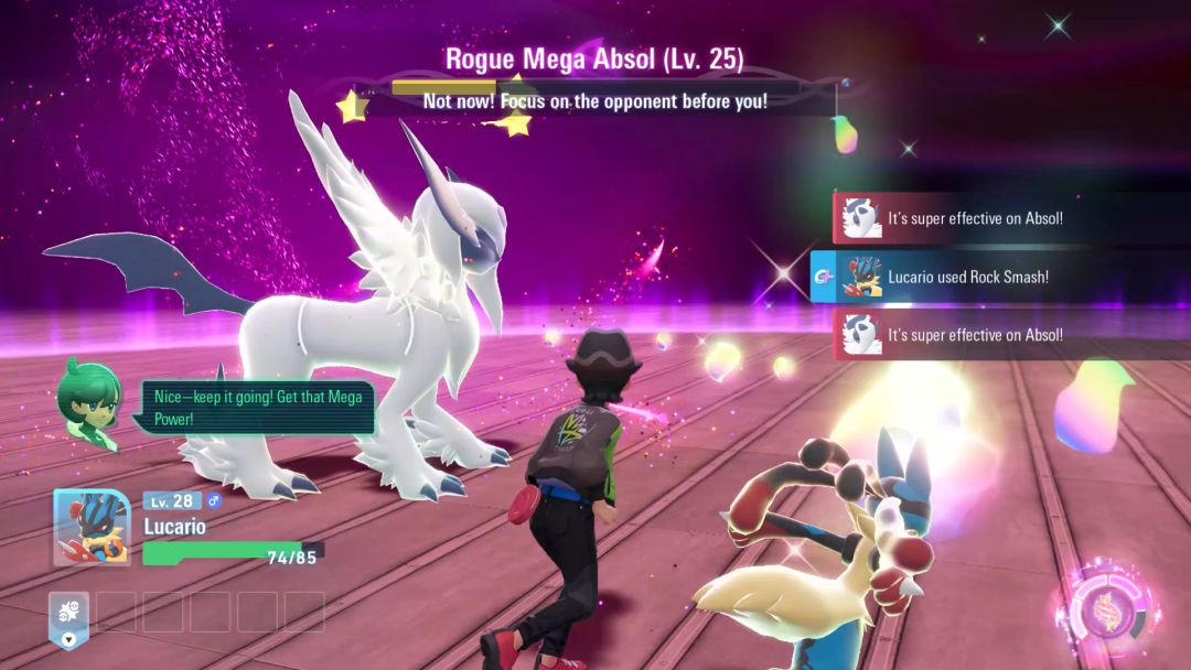 The dazed Rogue Mega Absol sees stars as energy orbs drop to the ground and the Pokemon Trainer rushes to collect them.