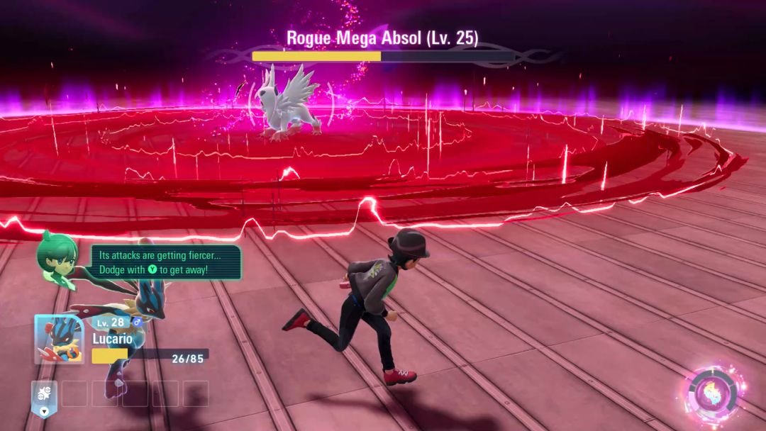 The Rogue Mega Absol sends out a wide wave of malicious energy as the Pokemon Trainer and Lucario keep their distance.