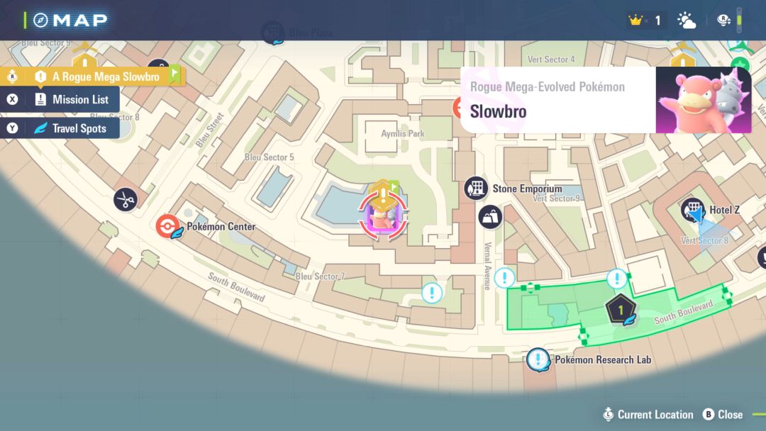 A map shows the location of the battle with Slowbro, due west from Hotel Z.