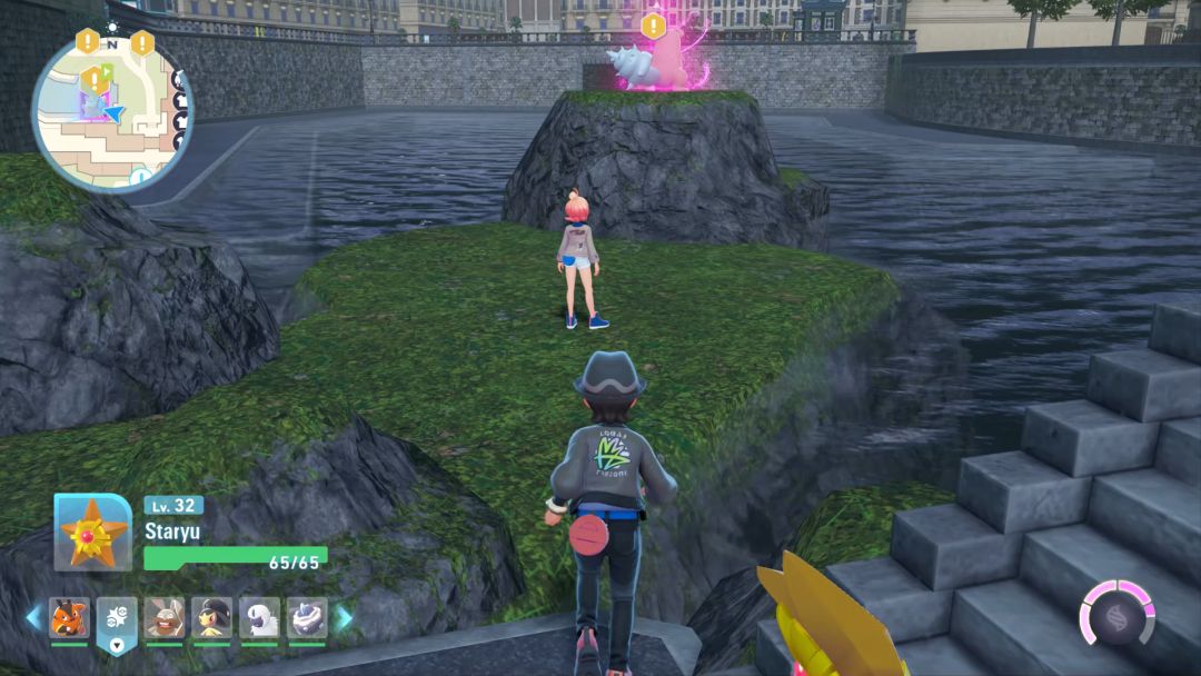 The Pokemon Trainer approaches Taunie, who is standing at the base of a mossy rock where the Rogue Mega Slowbrow waits.