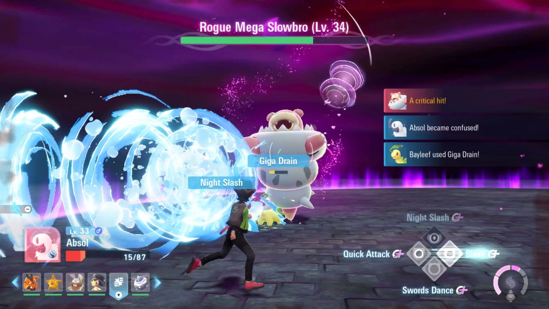 Slowbro attacks with a series of bubble rings as the Pokemon Trainer jogs to the right to avoid getting caught within them.