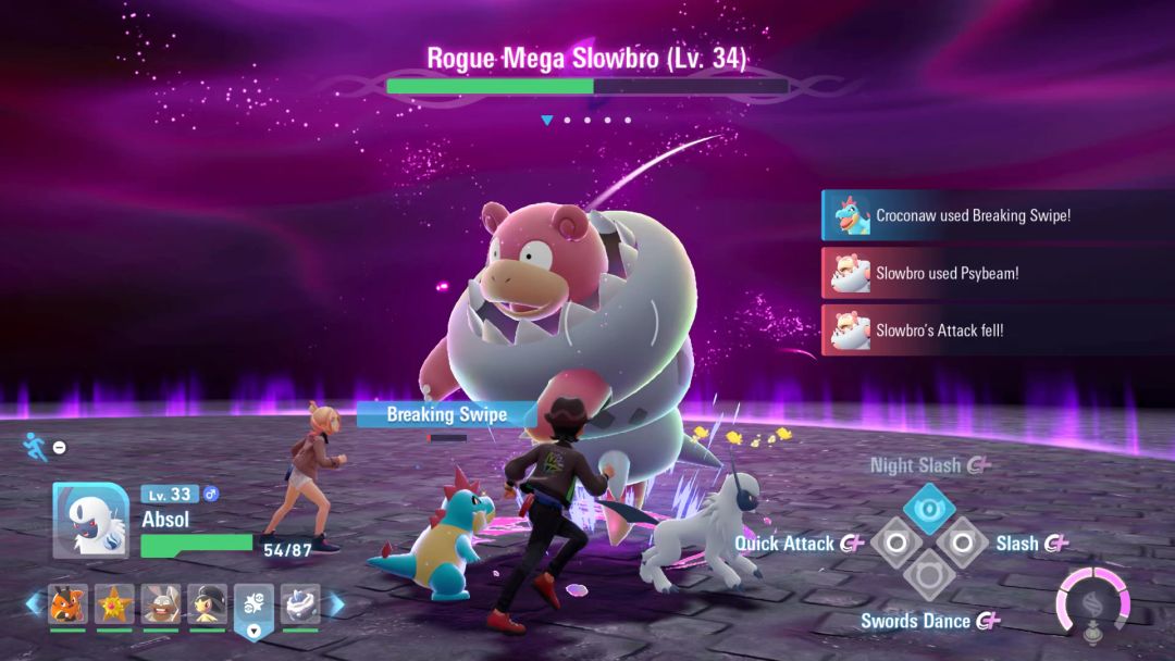 The Pokemon Trainer and Taunee move in close as the Slowbro topples toward them and their Pokemon.