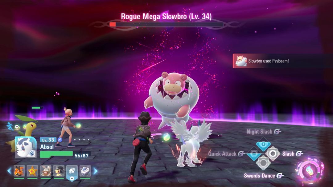 Slowbro has just used a Psybeam attack as the Pokemon trainer moves in close to collect dropped energy orbs.