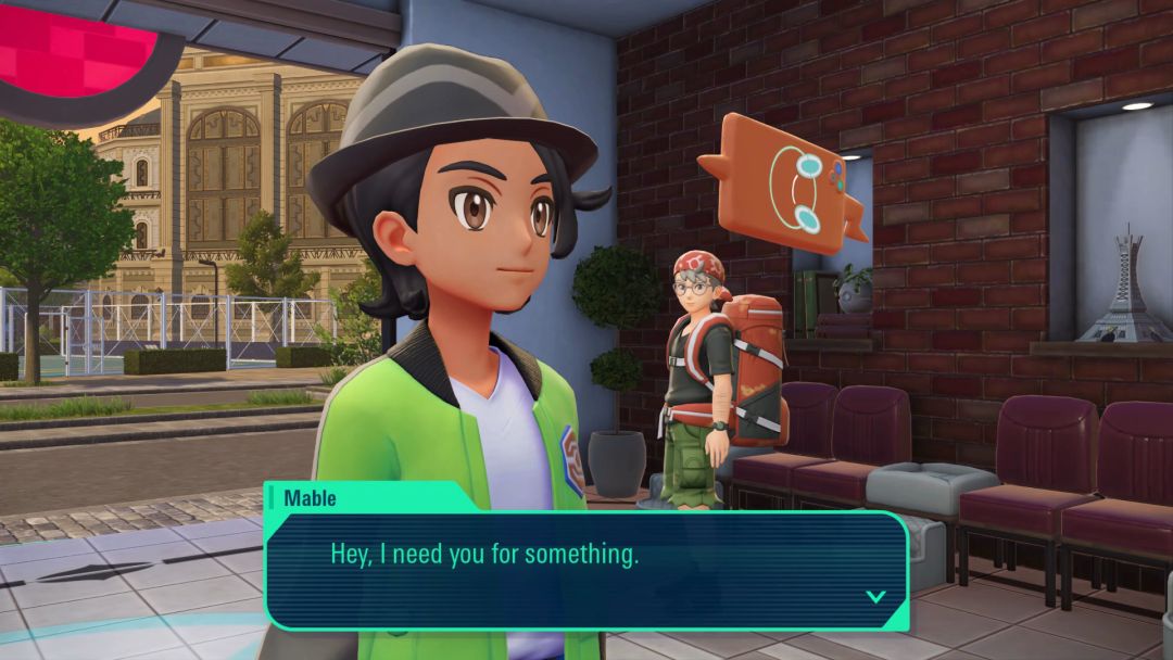 The Pokemon Trainer receives a call on his Rotom Phone while visiting a Pokemon Center.