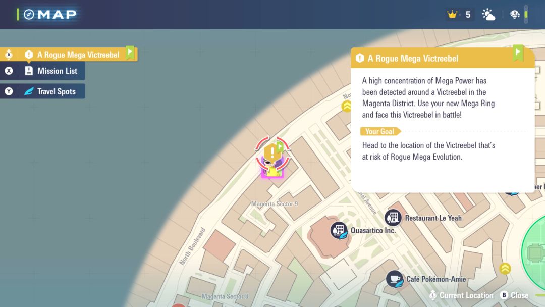 The map shows the northwest portion of the city map, with Victreebel's location visible and marked.