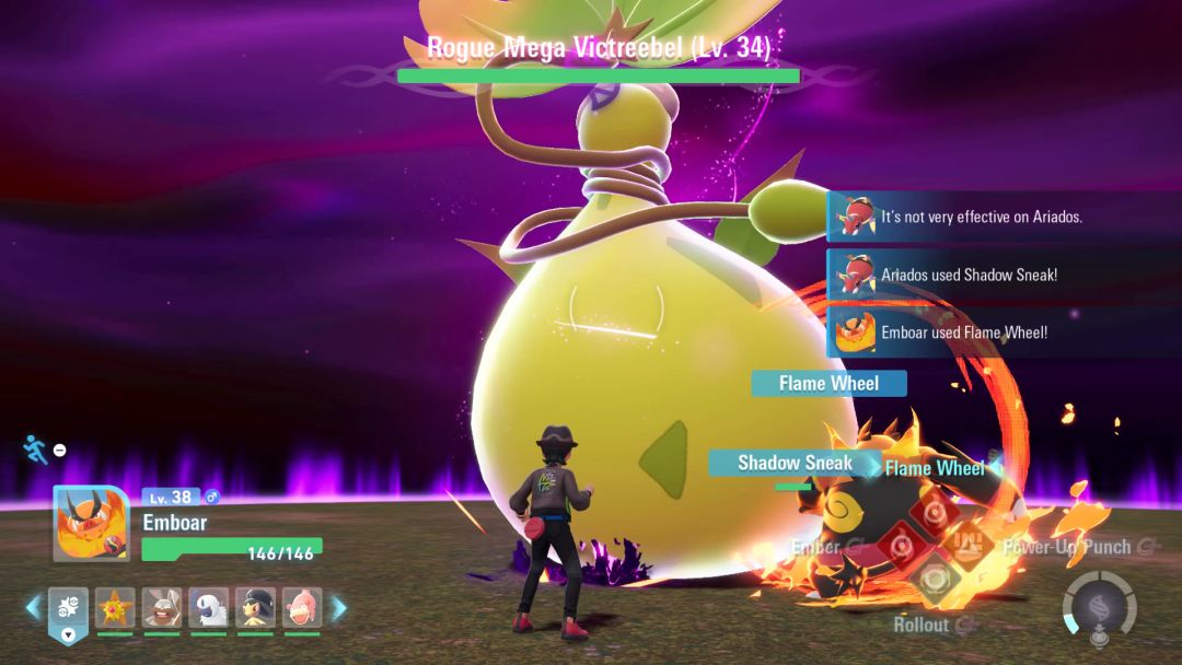 The Pokemon Trainer stands to the side as the Emboar presses against the Rogue Mega Victreebel and launches into a Flame Wheel attack.