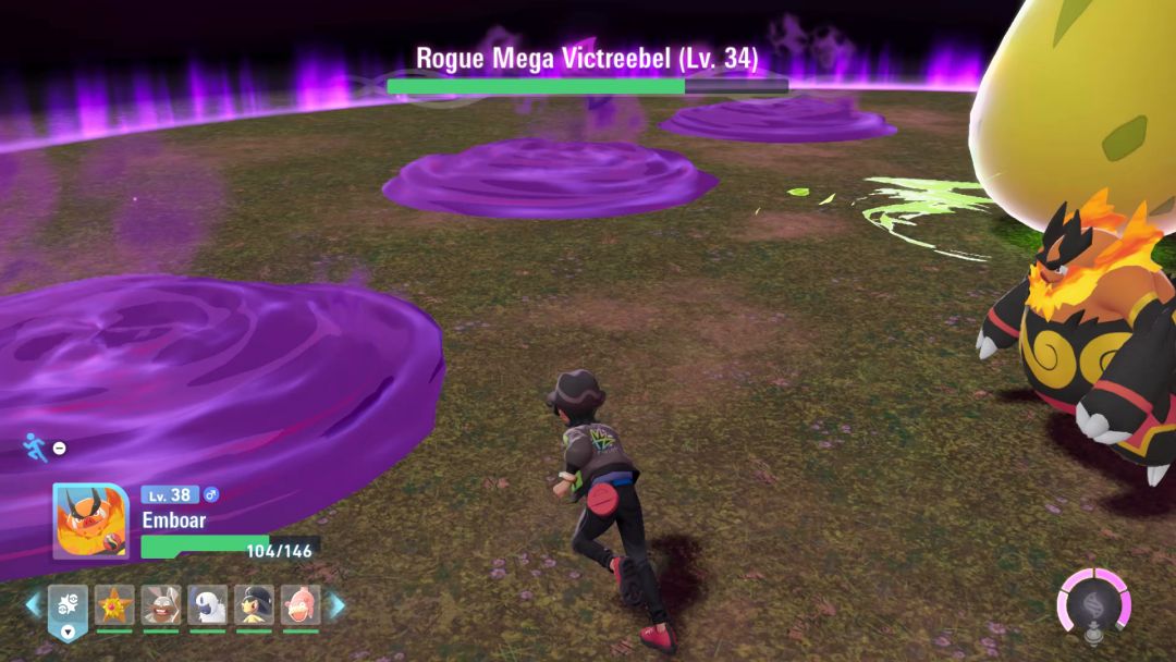 The Rogue Mega Victreebel has spread large purple pools of poison around on the ground, which the Pokemon Trainer runs between.
