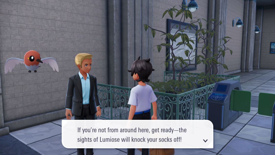 A man stands by the gates near the station's exit, accompanied by his Pokemon, and promises the city sights will knock your socks off.