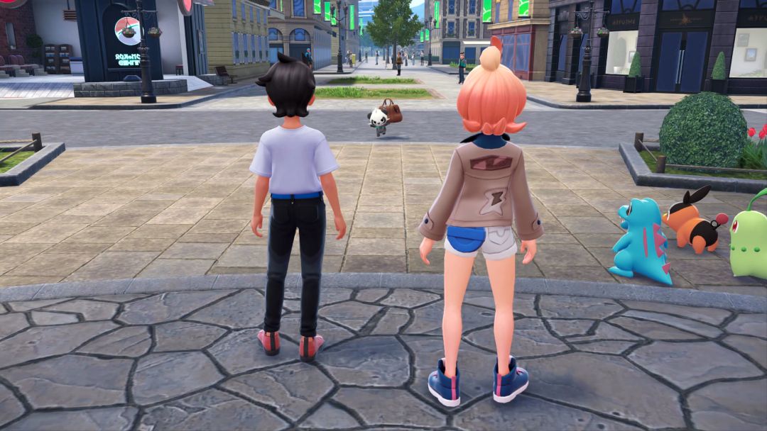 As you look across the plaza with a red-haired young woman, a Pokemon triumphantly holds your travel bag aloft.