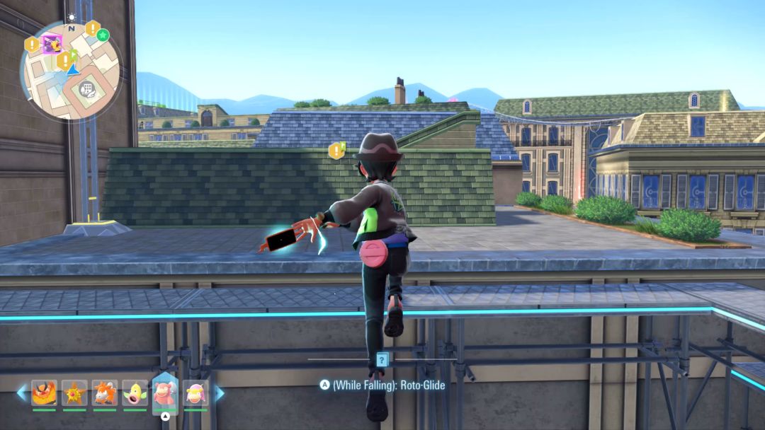 Arms flailing, the Pokemon Trainer sails toward a distant rooftop using the Roto-Glide ability.