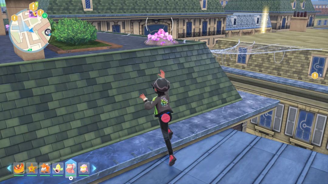 The Pokemon Trainer, having reached the end of the blue rooftop, climbs onto some green tile.