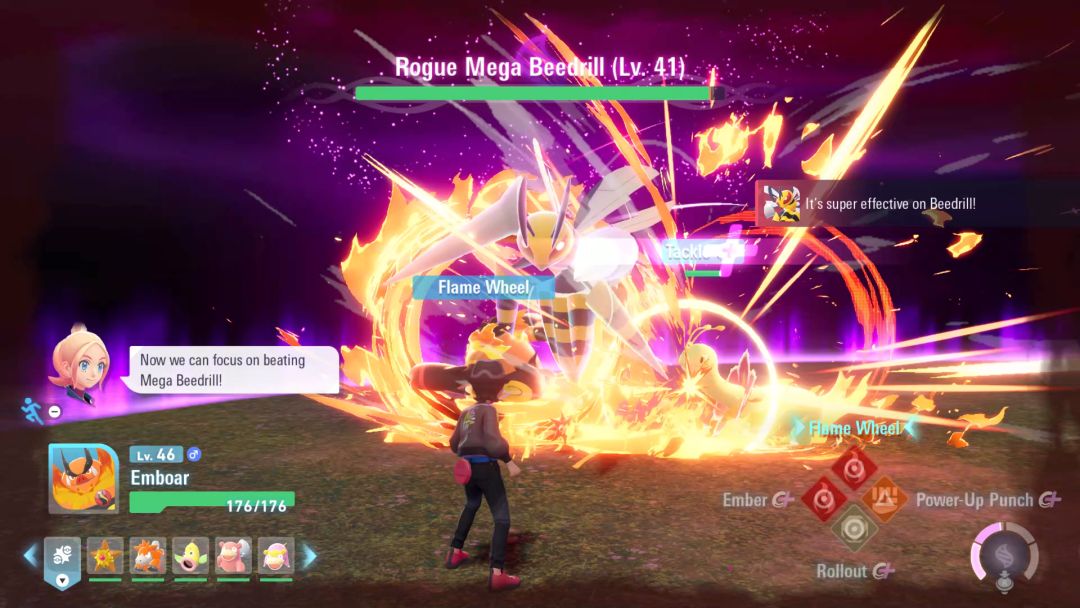 Emboar uses the Flame Wheel attack against Rogue Mega Beedrill, which proves super effective.