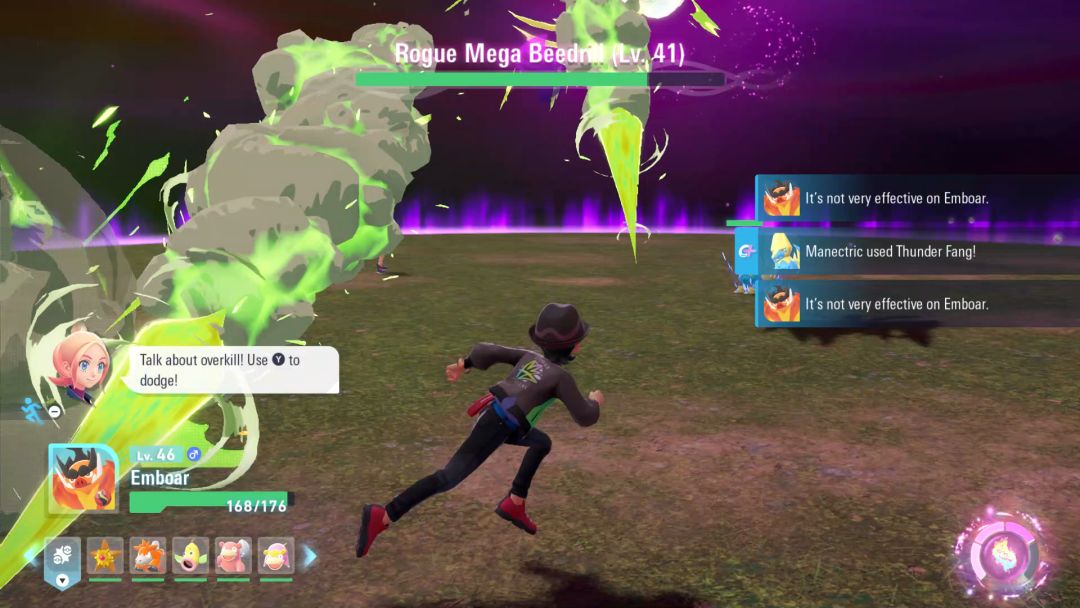 The Beedrill launches a series of giant green thorns and the Pokemon Trainer dodges to the side to avoid getting hit.