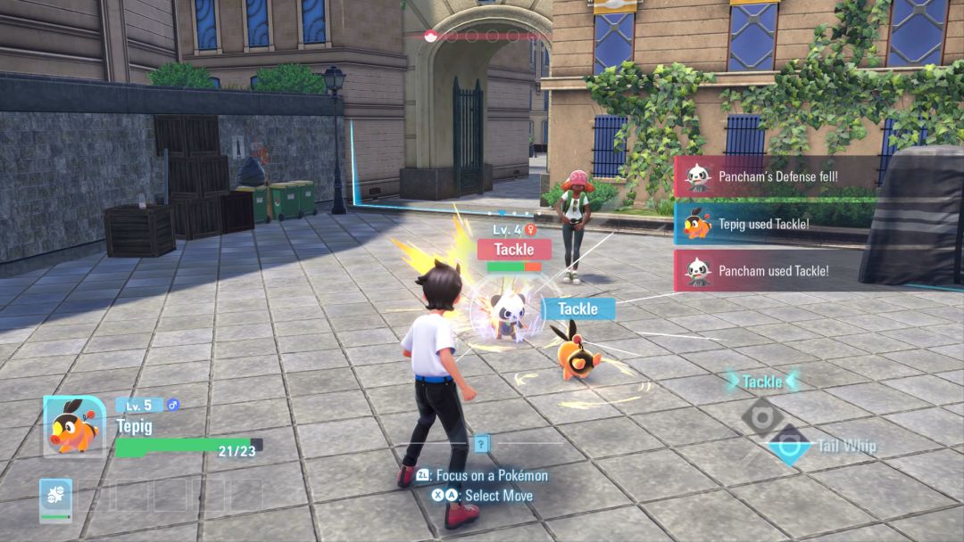 In the game's first battle, chosen starter Pokemon Tepig faces off against Pancham and unleashes the Tackle move.