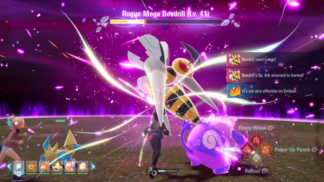 At close quarters, the Beedrill attacks a very poisoned Emboar with its stinger.