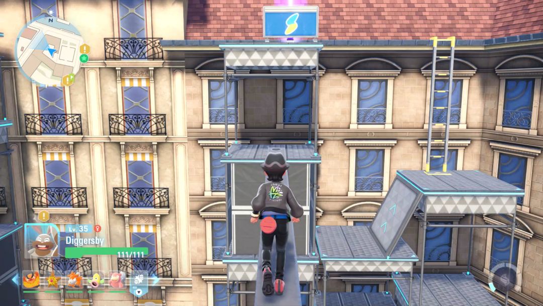 The Pokemon Trainer carefully walks along a beam that extends between two scaffolds as he heads toward a ladder leading to the roof.