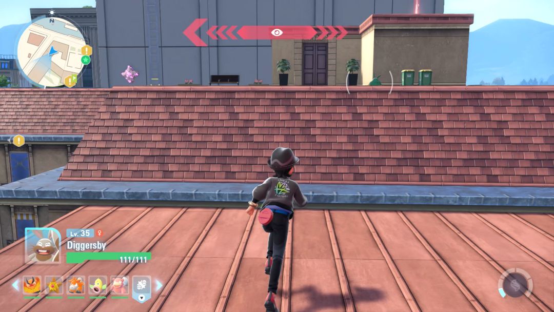 The Pokemon Trainer heads along a rooftop toward some utility buildings positioned along the next roof.
