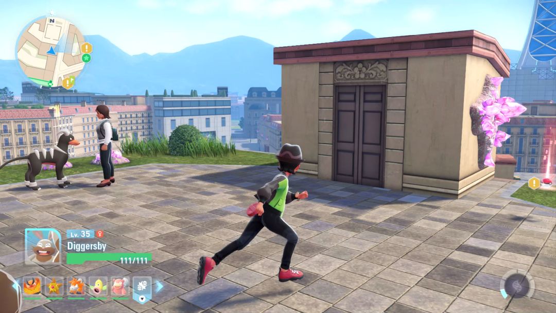 The Pokemon Trainer heads around the right side of a rooftop utility building, where crystal shards are visible.