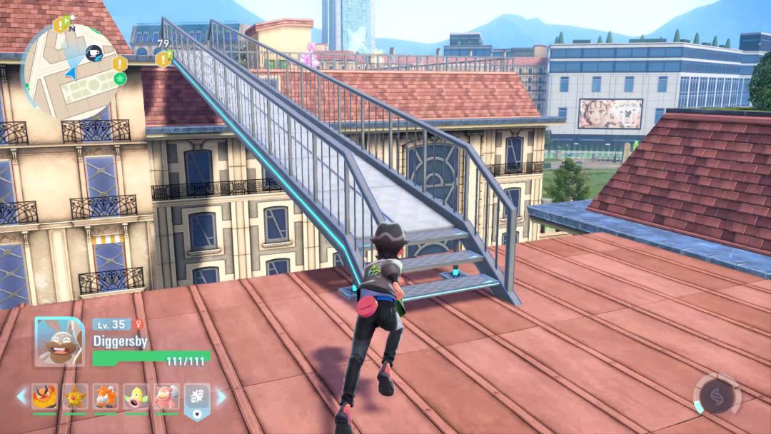 The Pokemon Trainer heads toward a catwalk with rails that leads to a higher rooftop.
