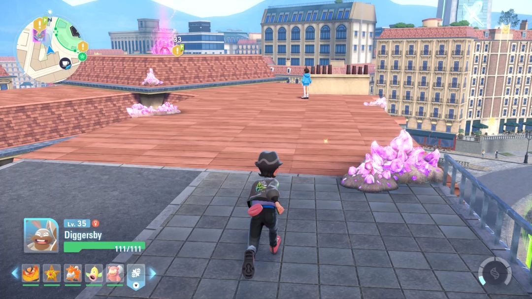 Lida stands in the distance as the Pokemon Trainer runs along a rooftop, looking slightly toward the left where the Rogue Mega Hawlucha is visible in a purple haze.