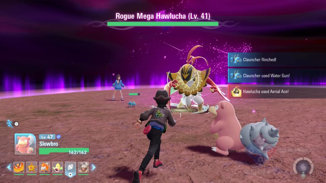 Meeting in battle, the Pokemon Trainer and his Slowbro face the Rogue Mega Hawlucha.