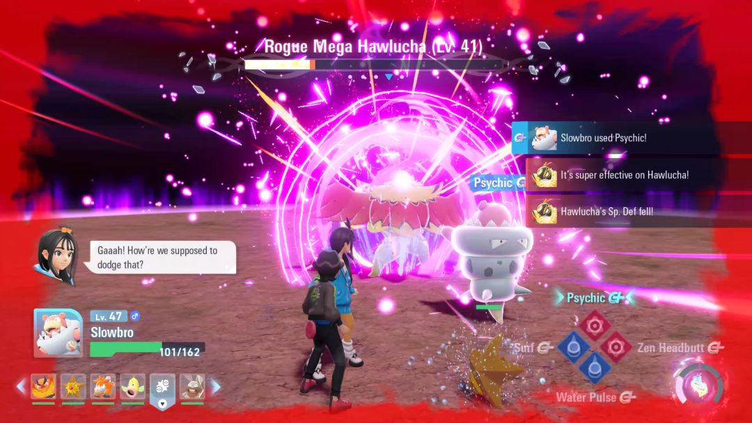 The Pokemon Trainer and Lida watch as Slowbro hits the dazed Hawlucha with a Pyschic attack.