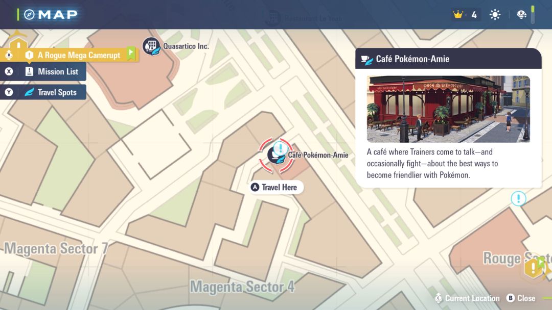 A closeup of a map showing the location of Side Mission 25, just outside Cafe Pokemon-Amie.