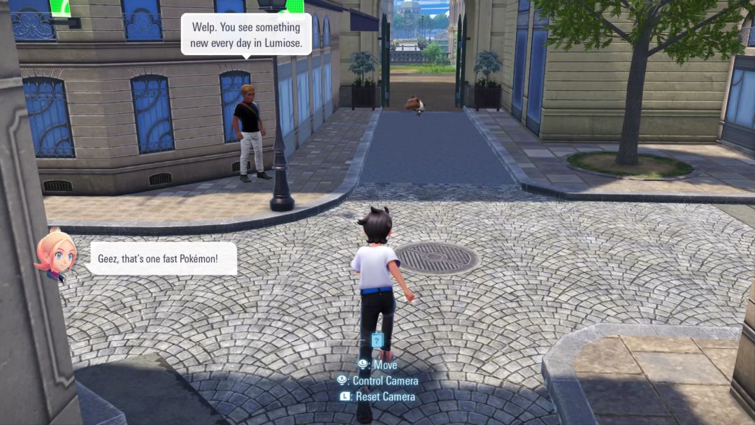 The Pokemon Trainer chases Pancham through the streets, following it as it runs through a gate on the far side of a four-way intersection.