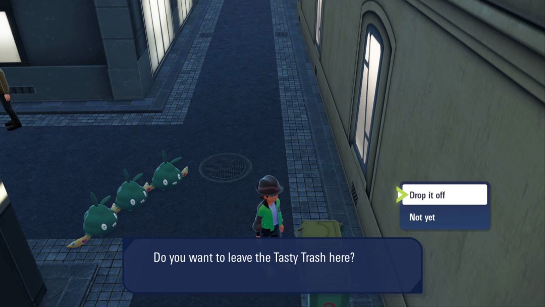 The Pokemon Trainer stands at a bin, preparing to drop off trash as three Trubbish bags sit behind him and watch with interest.
