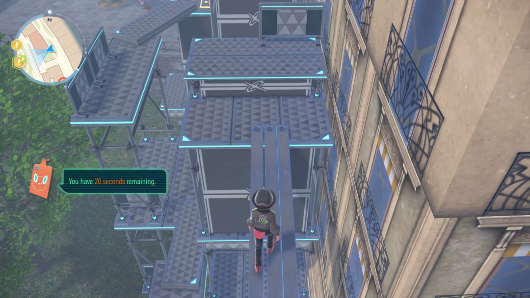 Toward the middle of the first scaffolding course, the Pokemon Trainer crosses along a metal plank.