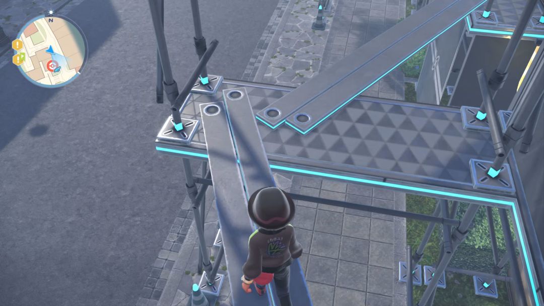 The Pokemon Trainer walks along twin boards placed side-by-side and extended across a gap.