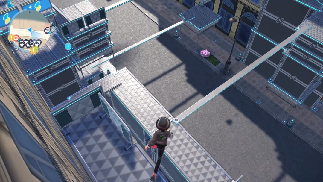 The Pokemon Trainer drops off the right side of the platform, ahead of the metal railing.