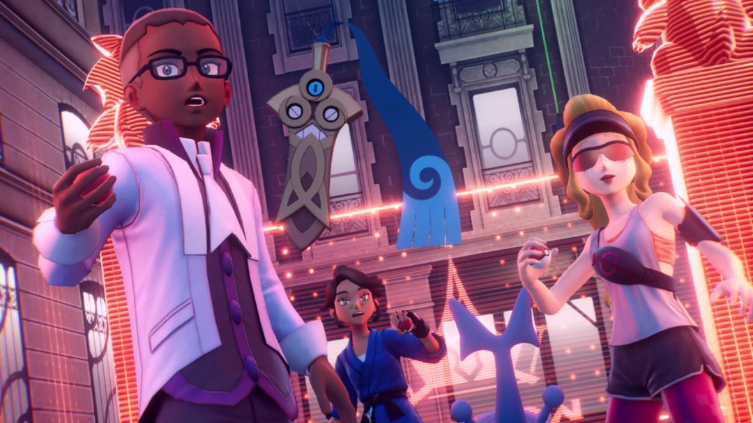 A cutscene image depicting the rival Pokemon trainers looking startled by a recent display of power.