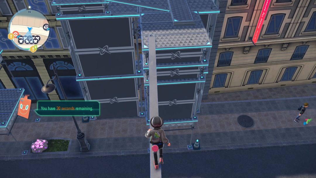In the third scaffolding course, the Pokemon Trainer walks along a narrow beam to cross to the ledges on the street's opposite side.